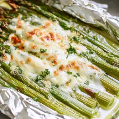 Cheesy grilled asparagus prepared in foil packs on a grill.