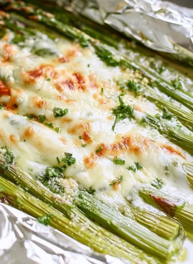 Cheesy grilled asparagus prepared in foil packs on a grill.