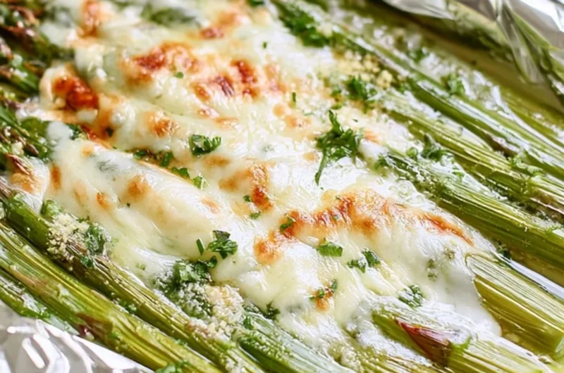 Cheesy grilled asparagus prepared in foil packs on a grill.