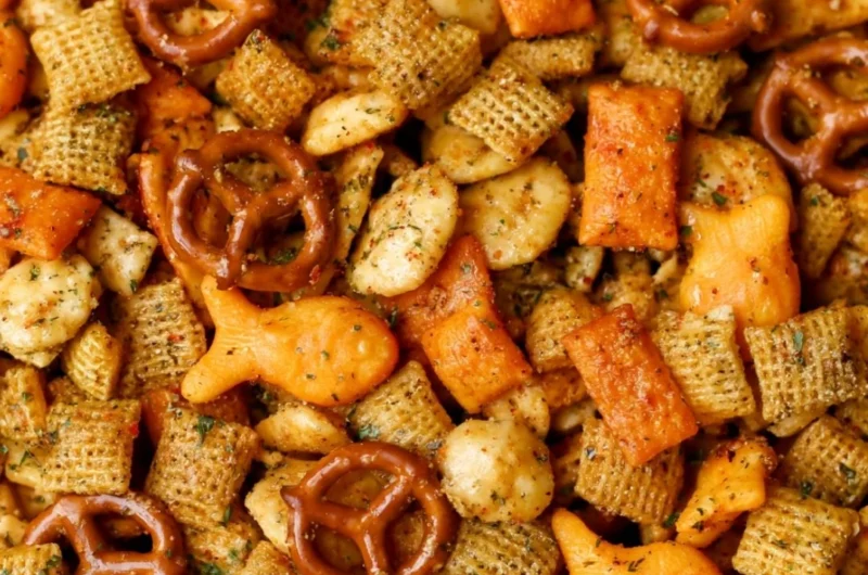 Bowl of Cheesy Ranch Chex Mix with crunchy snacks and ranch seasoning.