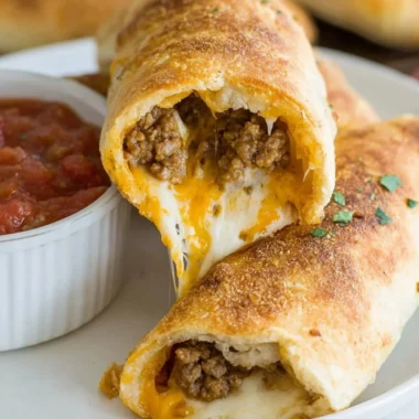 Delicious cheesy taco sticks served with dipping sauce on a wooden board
