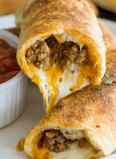 Delicious cheesy taco sticks served with dipping sauce on a wooden board