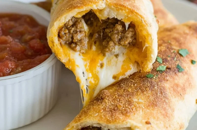 Delicious cheesy taco sticks served with dipping sauce on a wooden board