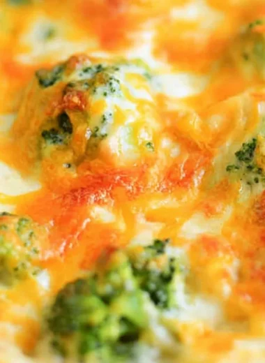 Delicious Chicken Broccoli Bake topped with cheese and baked to perfection.