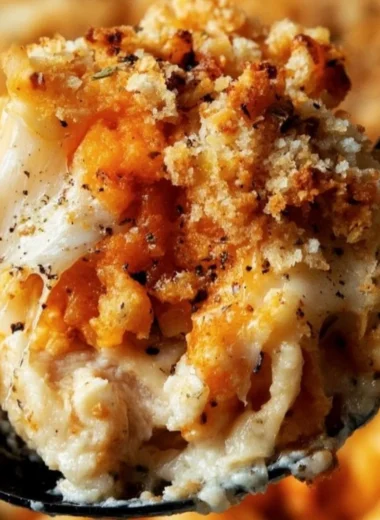 Delicious Chicken Parmesan Casserole topped with melted cheese and basil garnish
