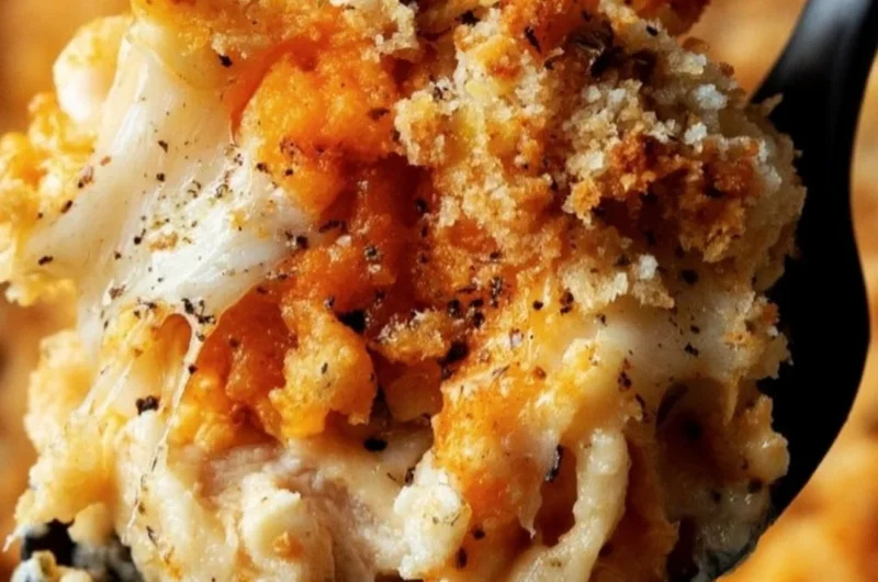 Delicious Chicken Parmesan Casserole topped with melted cheese and basil garnish