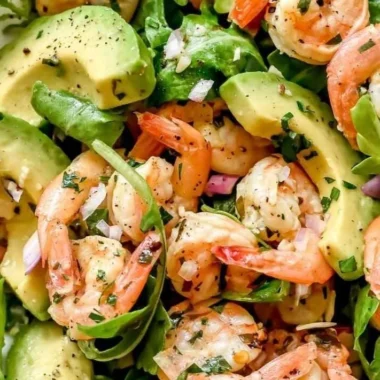 Citrus Shrimp and Avocado Salad beautifully arranged on a plate