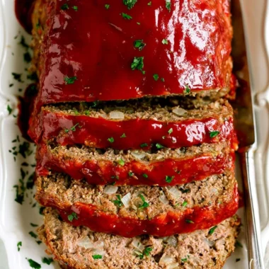 Delicious classic meatloaf served with mashed potatoes and green beans