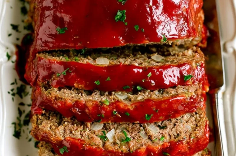 Delicious classic meatloaf served with mashed potatoes and green beans