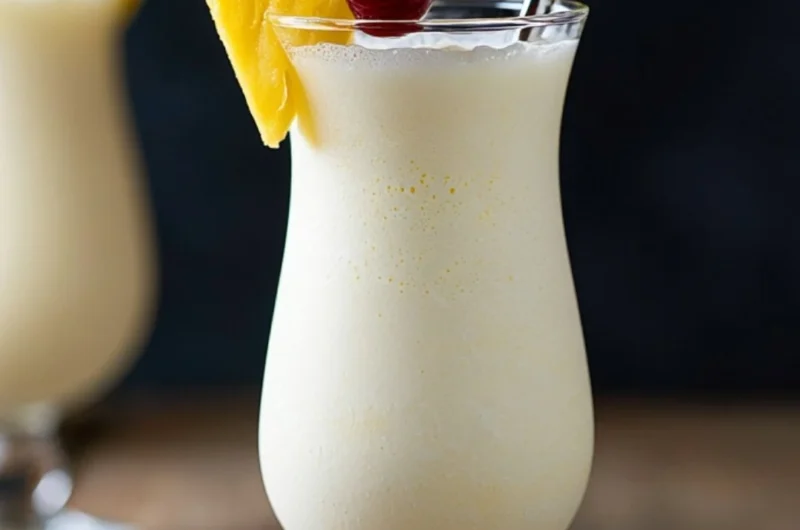 Classic Piña Colada cocktail with coconut, pineapple, and rum served in a glass.