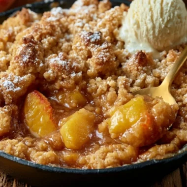 Delicious Classic Southern Peach Cobbler served in a dish.