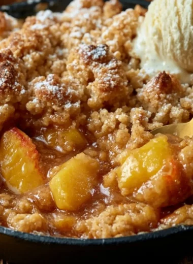 Delicious Classic Southern Peach Cobbler served in a dish.