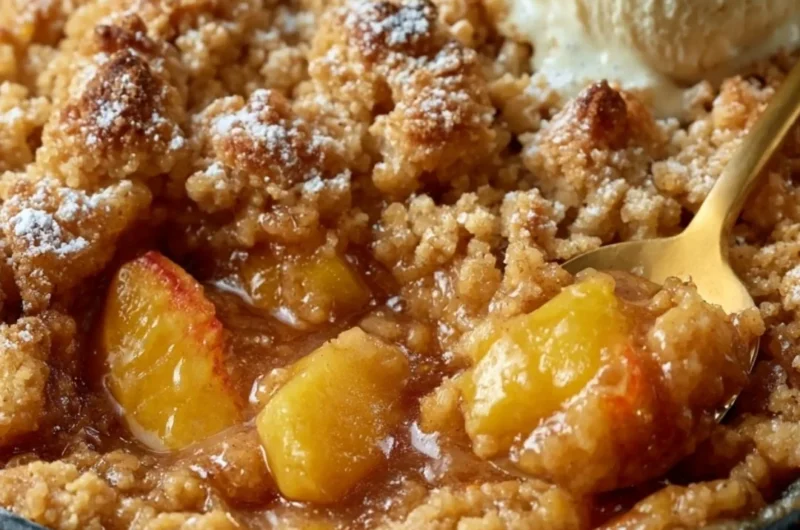 Delicious Classic Southern Peach Cobbler served in a dish.