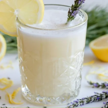 Coconut Lavender Lemonade mocktail in a glass with lavender sprigs and lemon slices