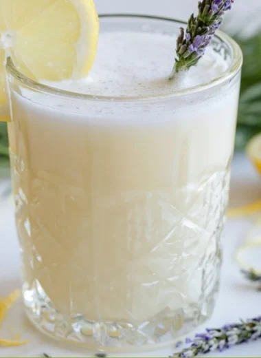 Coconut Lavender Lemonade mocktail in a glass with lavender sprigs and lemon slices