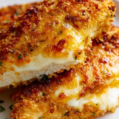 Delicious Parmesan Crusted Chicken served with fresh herbs and lemon.