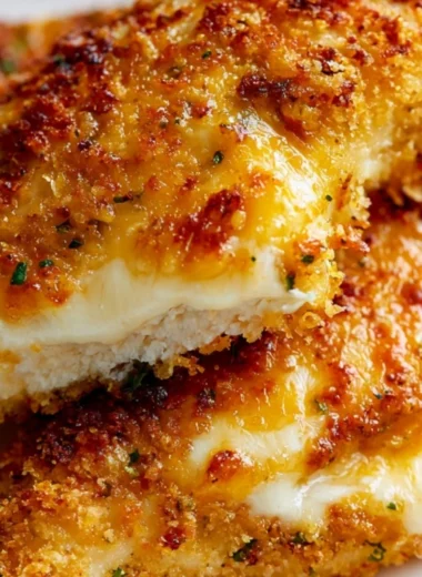 Delicious Parmesan Crusted Chicken served with fresh herbs and lemon.