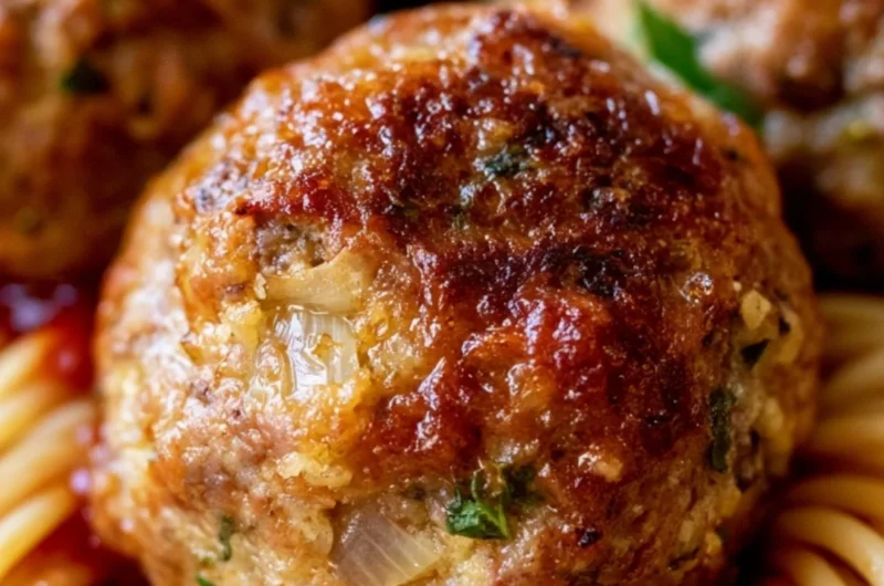 Delicious homemade meatballs served with sauce and spaghetti.