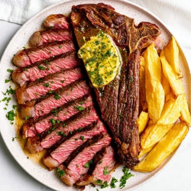 Cozy oven baked steak topped with garlic butter, served on a plate.
