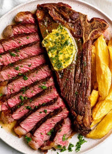 Cozy oven baked steak topped with garlic butter, served on a plate.