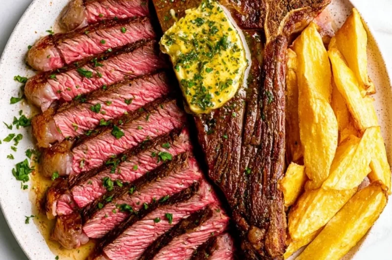 Cozy oven baked steak topped with garlic butter, served on a plate.