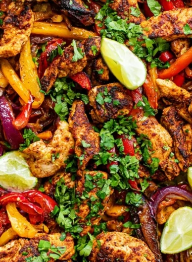 Cozy sheet pan chicken fajitas with colorful bell peppers and onions