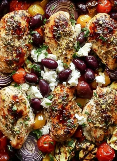 Cozy sheet pan Greek chicken with colorful veggies ready to serve
