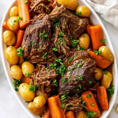 Tender Crock Pot pot roast with vegetables ready to serve
