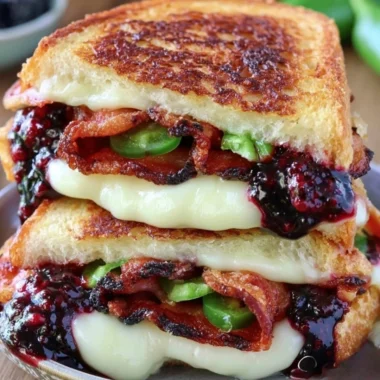 Blackberry Bacon Grilled Cheese sandwich on a plate, showcasing vibrant colors and textures.