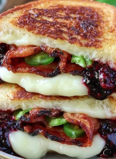 Blackberry Bacon Grilled Cheese sandwich on a plate, showcasing vibrant colors and textures.