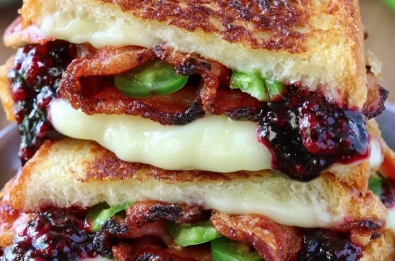 Blackberry Bacon Grilled Cheese sandwich on a plate, showcasing vibrant colors and textures.