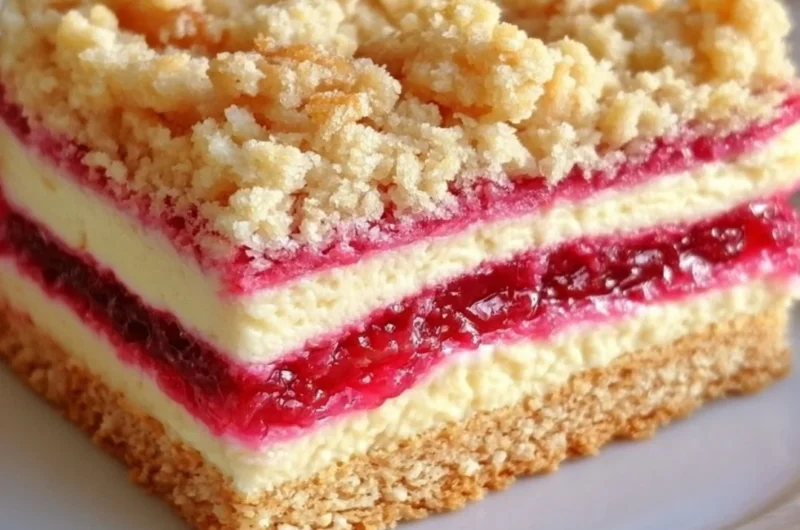 Delicious rhubarb cream cheese bars on a colorful plate, ready to enjoy.