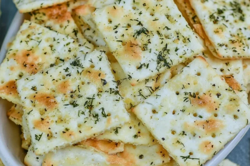 A close-up of Dill Pickle Saltine Crackers with a jar of pickles