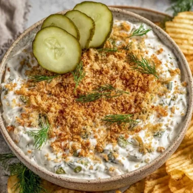 Creamy and savory easy fried pickle dip served in a bowl