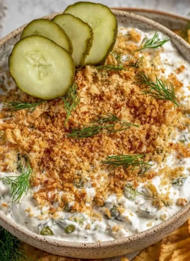 Creamy and savory easy fried pickle dip served in a bowl