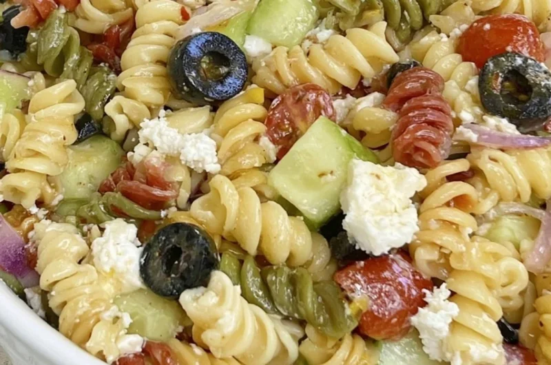 Bowl of colorful Easy Italian Pasta Salad with fresh vegetables and dressing