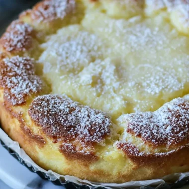Slice of rich and moist French Butter Cake on a plate