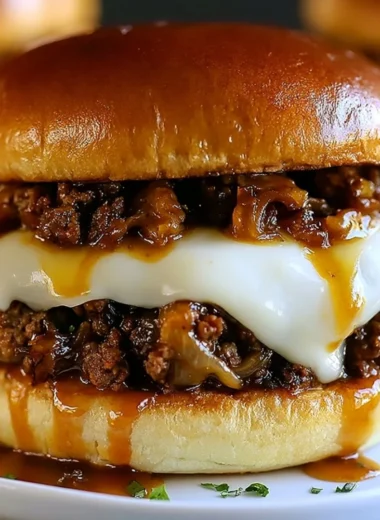French onion beef sloppy joes on a plate ready to be served