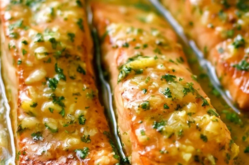 Delicious Garlic Butter Salmon topped with herbs and lemon slices