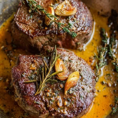 Perfectly cooked Garlic Herb Butter Filet Mignon garnished with herbs