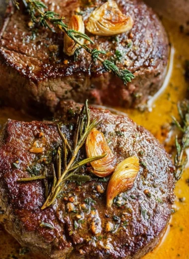 Perfectly cooked Garlic Herb Butter Filet Mignon garnished with herbs