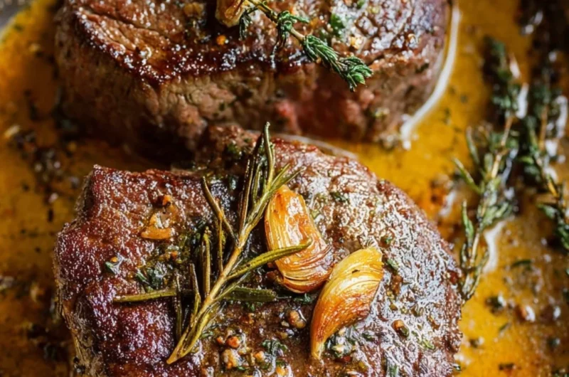 Perfectly cooked Garlic Herb Butter Filet Mignon garnished with herbs