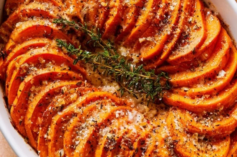 Bowl of Garlic Parmesan Roasted Sweet Potatoes topped with fresh herbs
