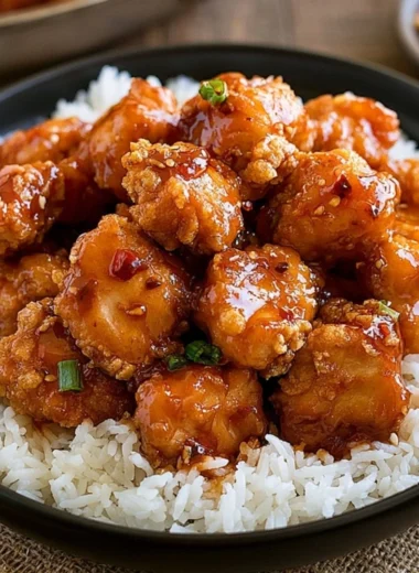 Plate of General Tso's Chicken garnished with broccoli and sesame seeds