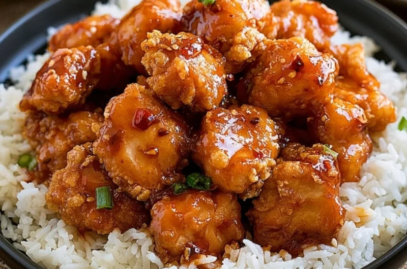 Plate of General Tso's Chicken garnished with broccoli and sesame seeds