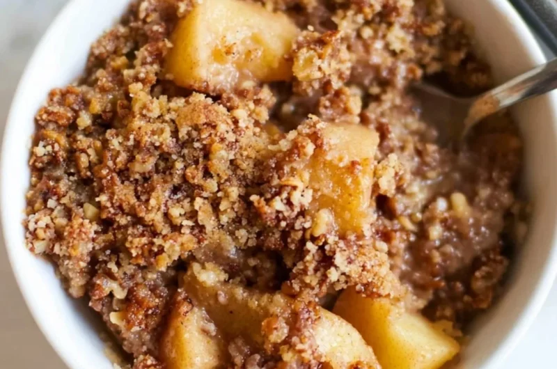 Healthy breakfast apple crumble served in a bowl with fresh apples and oats