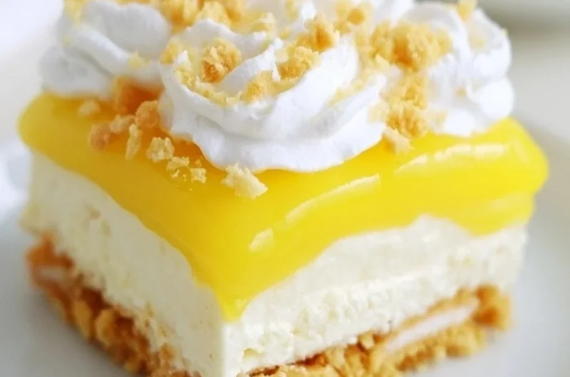 Heavenly Lemon Oreo Dessert topped with whipped cream and lemon zest