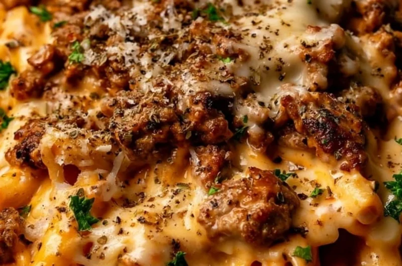 Creamy beef pasta dish garnished with herbs and served on a plate