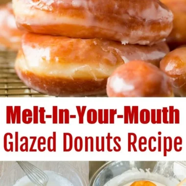 Plate of homemade glazed donuts with a shiny icing glaze.