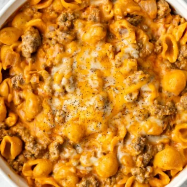 Delicious plate of Homemade Hamburger Helper ready to serve